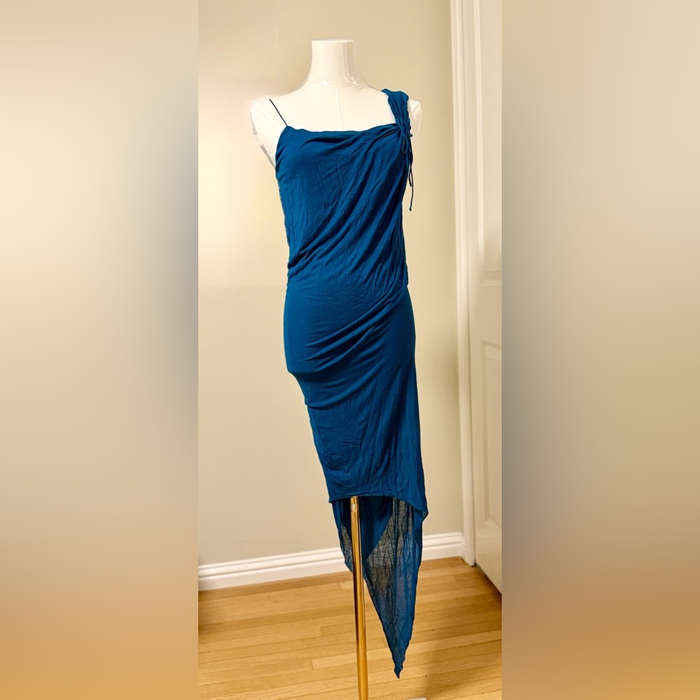 Helmut Lang Blue Asymmetrical Ruched Slip Dress